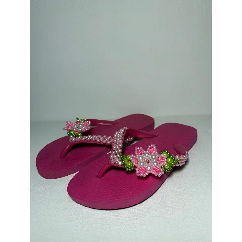 Havaianas Pink Women's Handbeaded Embellished Flip Flop Sandal Sz 7 Y2K Boho EUC